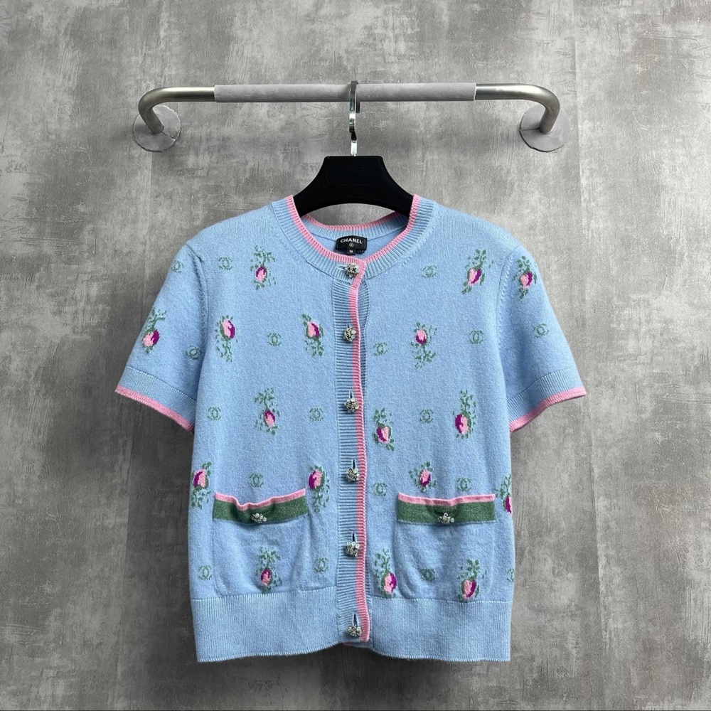 Authentic CHANEL Blue and Pink Floral Knit Top
